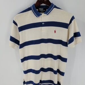 Vtg Polo By Ralph Lauren Striped Golf Performance Polo Shirt Ivory Navy‎ Blue